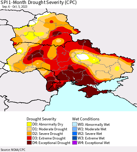Ukraine, Moldova and Belarus SPI 1-Month Drought Severity (CPC) Thematic Map For 9/6/2023 - 10/5/2023