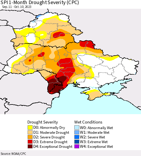 Ukraine, Moldova and Belarus SPI 1-Month Drought Severity (CPC) Thematic Map For 9/11/2023 - 10/10/2023