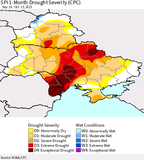 Ukraine, Moldova and Belarus SPI 1-Month Drought Severity (CPC) Thematic Map For 9/16/2023 - 10/15/2023