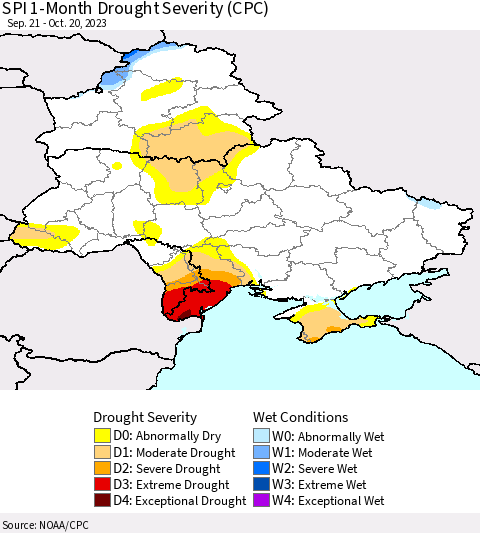 Ukraine, Moldova and Belarus SPI 1-Month Drought Severity (CPC) Thematic Map For 9/21/2023 - 10/20/2023