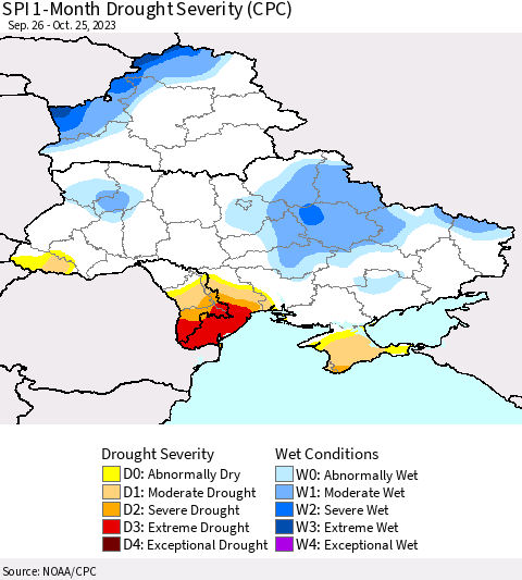 Ukraine, Moldova and Belarus SPI 1-Month Drought Severity (CPC) Thematic Map For 9/26/2023 - 10/25/2023