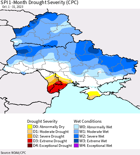 Ukraine, Moldova and Belarus SPI 1-Month Drought Severity (CPC) Thematic Map For 10/1/2023 - 10/31/2023