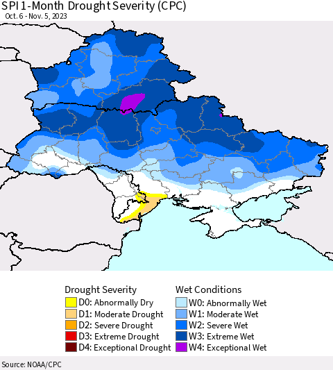 Ukraine, Moldova and Belarus SPI 1-Month Drought Severity (CPC) Thematic Map For 10/6/2023 - 11/5/2023