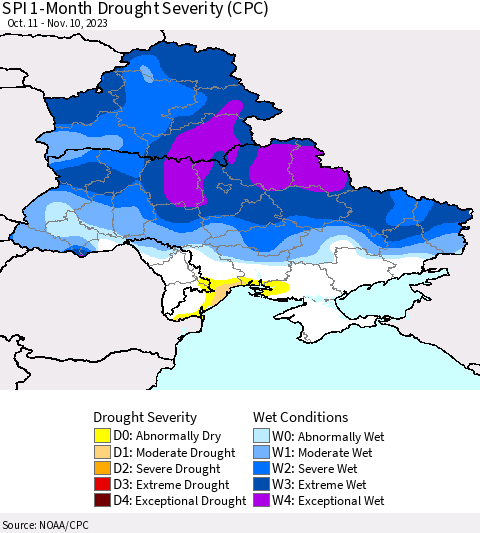 Ukraine, Moldova and Belarus SPI 1-Month Drought Severity (CPC) Thematic Map For 10/11/2023 - 11/10/2023