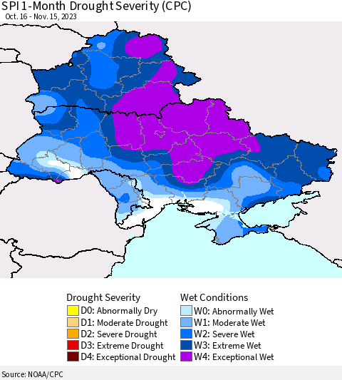 Ukraine, Moldova and Belarus SPI 1-Month Drought Severity (CPC) Thematic Map For 10/16/2023 - 11/15/2023