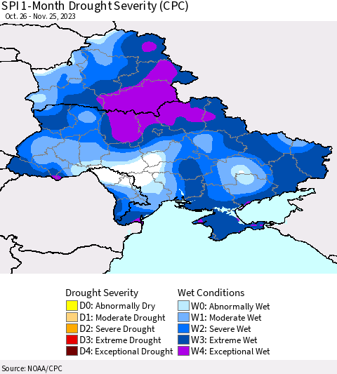 Ukraine, Moldova and Belarus SPI 1-Month Drought Severity (CPC) Thematic Map For 10/26/2023 - 11/25/2023