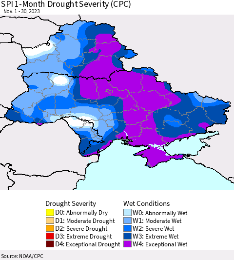 Ukraine, Moldova and Belarus SPI 1-Month Drought Severity (CPC) Thematic Map For 11/1/2023 - 11/30/2023