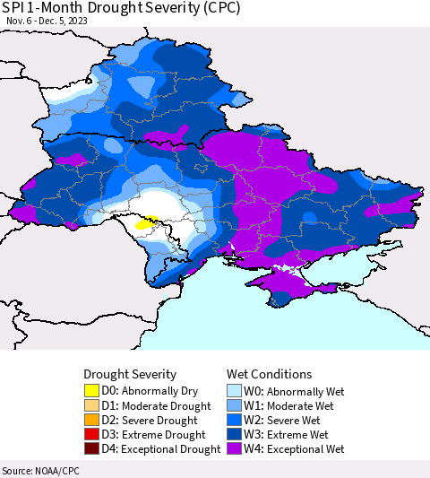 Ukraine, Moldova and Belarus SPI 1-Month Drought Severity (CPC) Thematic Map For 11/6/2023 - 12/5/2023