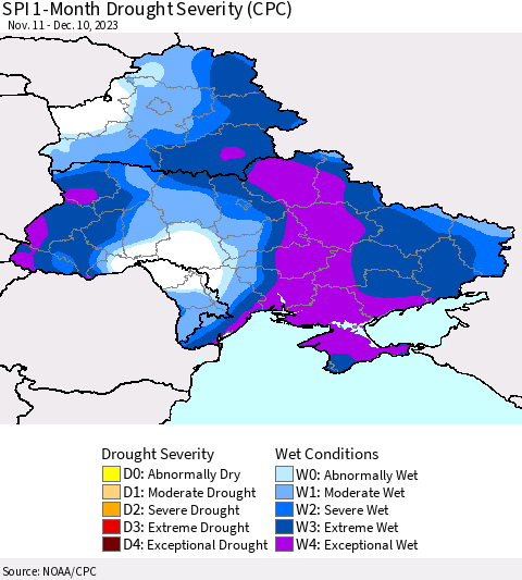 Ukraine, Moldova and Belarus SPI 1-Month Drought Severity (CPC) Thematic Map For 11/11/2023 - 12/10/2023