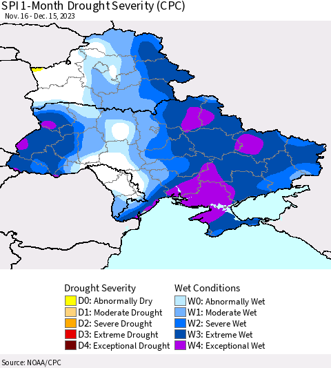 Ukraine, Moldova and Belarus SPI 1-Month Drought Severity (CPC) Thematic Map For 11/16/2023 - 12/15/2023