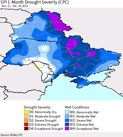 Ukraine, Moldova and Belarus SPI 1-Month Drought Severity (CPC) Thematic Map For 11/21/2023 - 12/20/2023