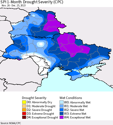 Ukraine, Moldova and Belarus SPI 1-Month Drought Severity (CPC) Thematic Map For 11/26/2023 - 12/25/2023