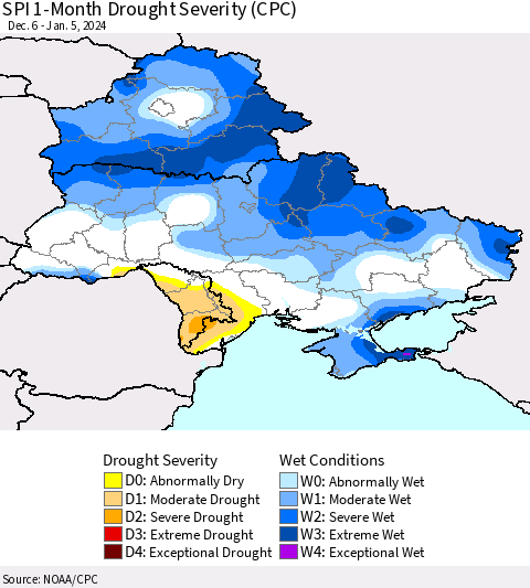 Ukraine, Moldova and Belarus SPI 1-Month Drought Severity (CPC) Thematic Map For 12/6/2023 - 1/5/2024