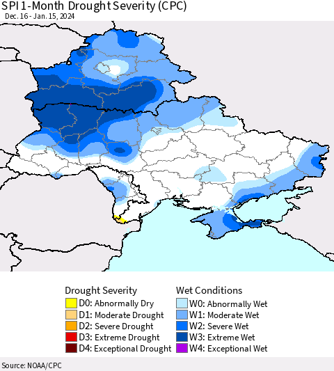 Ukraine, Moldova and Belarus SPI 1-Month Drought Severity (CPC) Thematic Map For 12/16/2023 - 1/15/2024