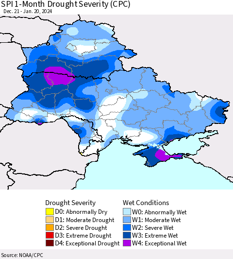 Ukraine, Moldova and Belarus SPI 1-Month Drought Severity (CPC) Thematic Map For 12/21/2023 - 1/20/2024