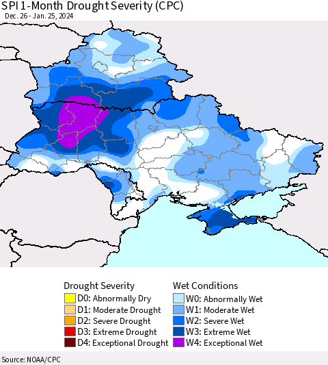 Ukraine, Moldova and Belarus SPI 1-Month Drought Severity (CPC) Thematic Map For 12/26/2023 - 1/25/2024