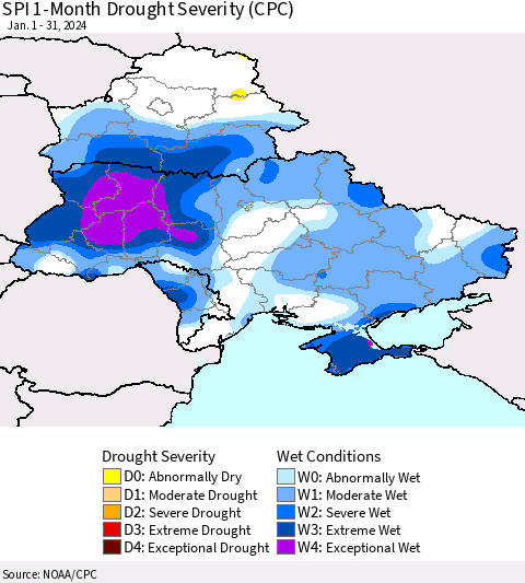 Ukraine, Moldova and Belarus SPI 1-Month Drought Severity (CPC) Thematic Map For 1/1/2024 - 1/31/2024