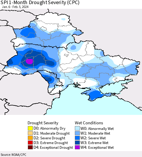Ukraine, Moldova and Belarus SPI 1-Month Drought Severity (CPC) Thematic Map For 1/6/2024 - 2/5/2024
