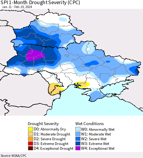 Ukraine, Moldova and Belarus SPI 1-Month Drought Severity (CPC) Thematic Map For 1/11/2024 - 2/10/2024