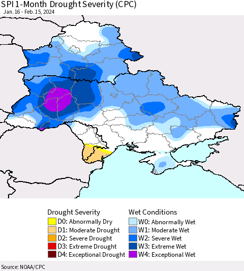 Ukraine, Moldova and Belarus SPI 1-Month Drought Severity (CPC) Thematic Map For 1/16/2024 - 2/15/2024