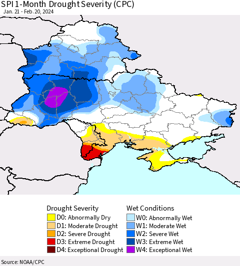 Ukraine, Moldova and Belarus SPI 1-Month Drought Severity (CPC) Thematic Map For 1/21/2024 - 2/20/2024