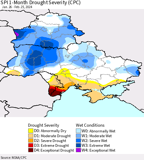 Ukraine, Moldova and Belarus SPI 1-Month Drought Severity (CPC) Thematic Map For 1/26/2024 - 2/25/2024