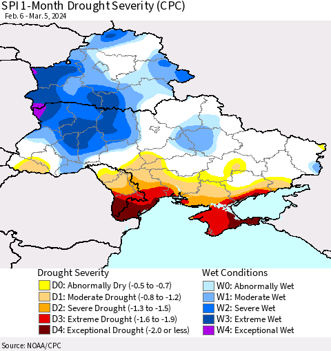 Ukraine, Moldova and Belarus SPI 1-Month Drought Severity (CPC) Thematic Map For 2/6/2024 - 3/5/2024
