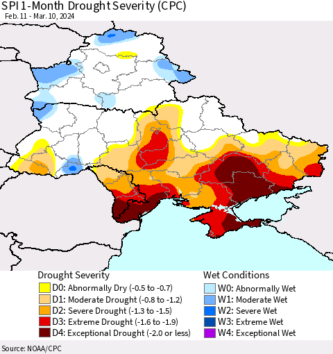 Ukraine, Moldova and Belarus SPI 1-Month Drought Severity (CPC) Thematic Map For 2/11/2024 - 3/10/2024