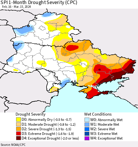 Ukraine, Moldova and Belarus SPI 1-Month Drought Severity (CPC) Thematic Map For 2/16/2024 - 3/15/2024