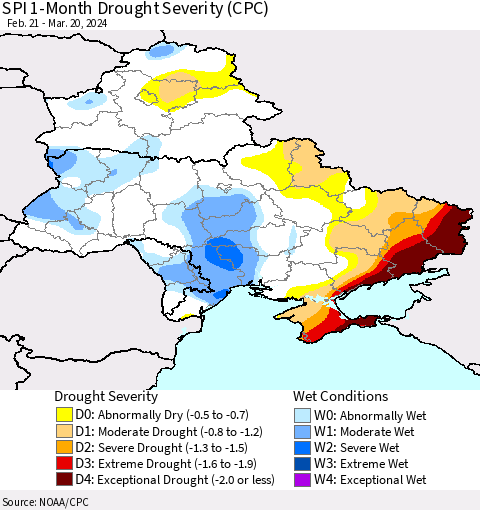 Ukraine, Moldova and Belarus SPI 1-Month Drought Severity (CPC) Thematic Map For 2/21/2024 - 3/20/2024