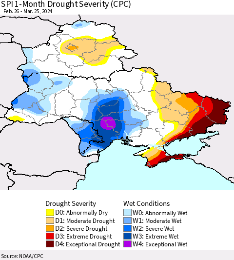 Ukraine, Moldova and Belarus SPI 1-Month Drought Severity (CPC) Thematic Map For 2/26/2024 - 3/25/2024