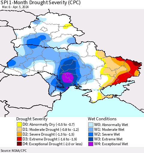 Ukraine, Moldova and Belarus SPI 1-Month Drought Severity (CPC) Thematic Map For 3/6/2024 - 4/5/2024
