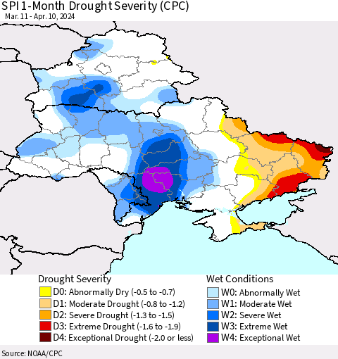 Ukraine, Moldova and Belarus SPI 1-Month Drought Severity (CPC) Thematic Map For 3/11/2024 - 4/10/2024