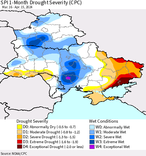 Ukraine, Moldova and Belarus SPI 1-Month Drought Severity (CPC) Thematic Map For 3/16/2024 - 4/15/2024