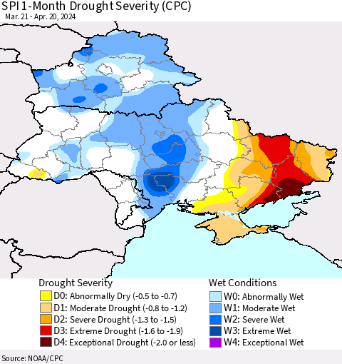 Ukraine, Moldova and Belarus SPI 1-Month Drought Severity (CPC) Thematic Map For 3/21/2024 - 4/20/2024
