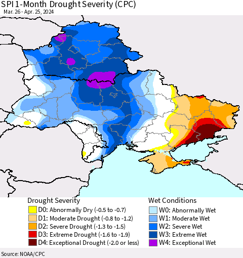 Ukraine, Moldova and Belarus SPI 1-Month Drought Severity (CPC) Thematic Map For 3/26/2024 - 4/25/2024