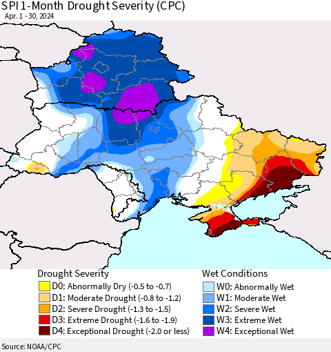 Ukraine, Moldova and Belarus SPI 1-Month Drought Severity (CPC) Thematic Map For 4/1/2024 - 4/30/2024