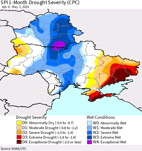 Ukraine, Moldova and Belarus SPI 1-Month Drought Severity (CPC) Thematic Map For 4/6/2024 - 5/5/2024