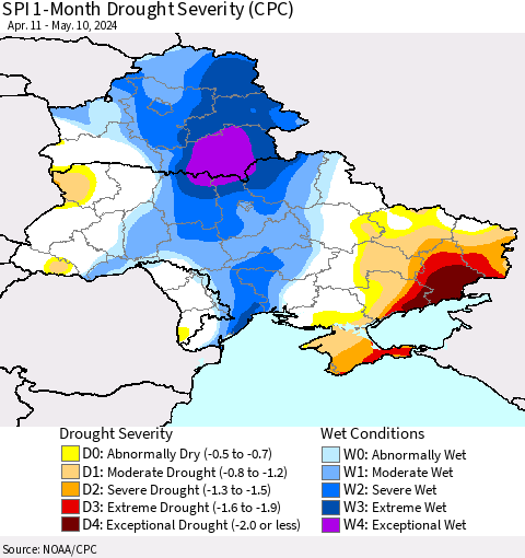 Ukraine, Moldova and Belarus SPI 1-Month Drought Severity (CPC) Thematic Map For 4/11/2024 - 5/10/2024
