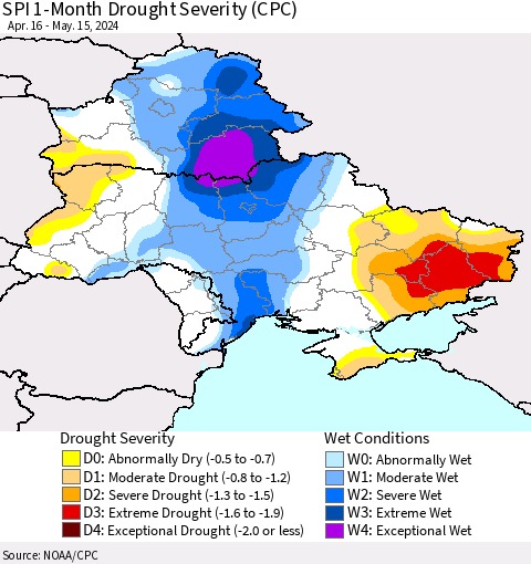 Ukraine, Moldova and Belarus SPI 1-Month Drought Severity (CPC) Thematic Map For 4/16/2024 - 5/15/2024