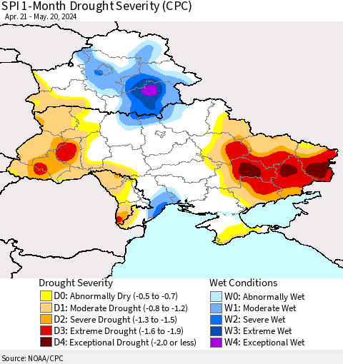 Ukraine, Moldova and Belarus SPI 1-Month Drought Severity (CPC) Thematic Map For 4/21/2024 - 5/20/2024