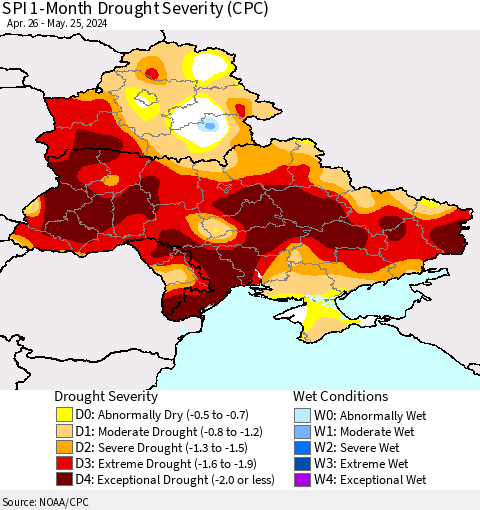 Ukraine, Moldova and Belarus SPI 1-Month Drought Severity (CPC) Thematic Map For 4/26/2024 - 5/25/2024