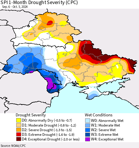 Ukraine, Moldova and Belarus SPI 1-Month Drought Severity (CPC) Thematic Map For 9/6/2024 - 10/5/2024