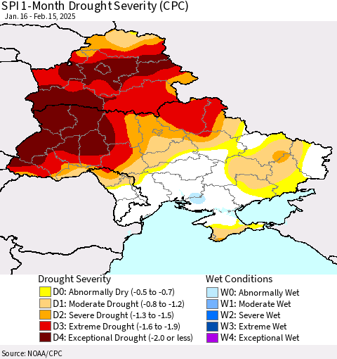 Ukraine, Moldova and Belarus SPI 1-Month Drought Severity (CPC) Thematic Map For 1/16/2025 - 2/15/2025