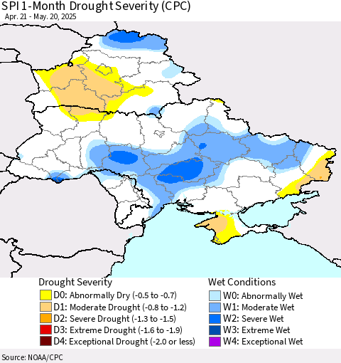 Ukraine, Moldova and Belarus SPI 1-Month Drought Severity (CPC) Thematic Map For 4/21/2025 - 5/20/2025