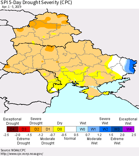 Ukraine, Moldova and Belarus SPI 5-Day Drought Severity (CPC) Thematic Map For 4/1/2019 - 4/5/2019