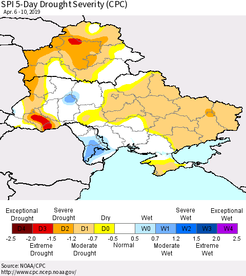 Ukraine, Moldova and Belarus SPI 5-Day Drought Severity (CPC) Thematic Map For 4/6/2019 - 4/10/2019