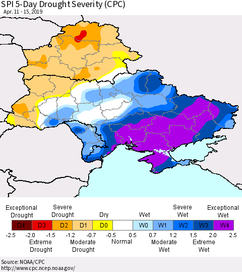 Ukraine, Moldova and Belarus SPI 5-Day Drought Severity (CPC) Thematic Map For 4/11/2019 - 4/15/2019