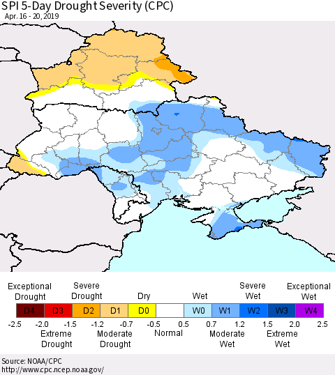 Ukraine, Moldova and Belarus SPI 5-Day Drought Severity (CPC) Thematic Map For 4/16/2019 - 4/20/2019