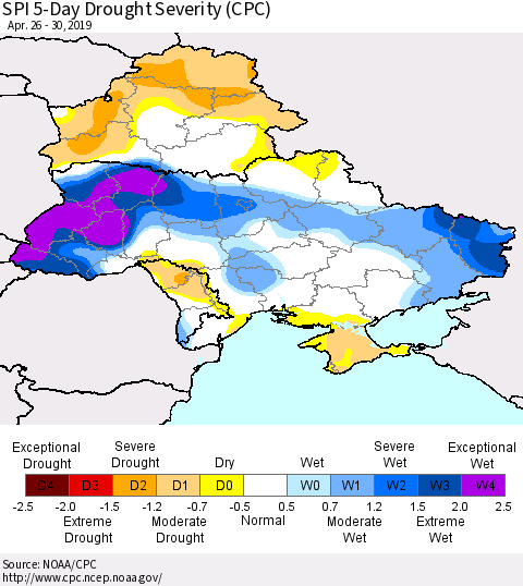 Ukraine, Moldova and Belarus SPI 5-Day Drought Severity (CPC) Thematic Map For 4/26/2019 - 4/30/2019